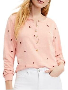 LOFT Pink Strawberry Embroidered Henley Top 100% Cotton Long Sleeve Shirt Small